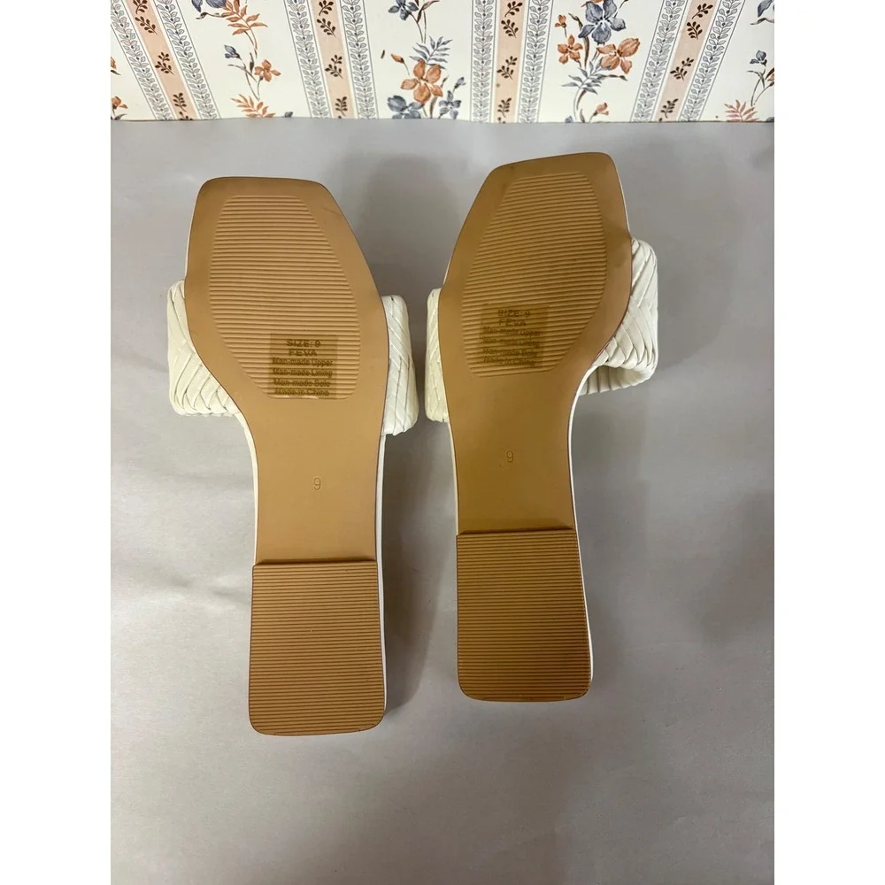 Billini Feva Woven Slide Sandals Cream Bone‎ Square Toe Flat Braided Strap 9